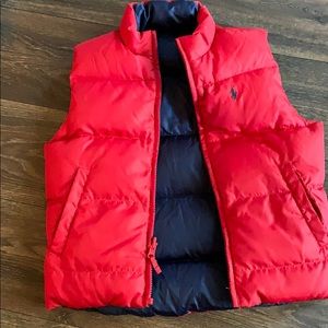 Reversible down puffer vest red and blue